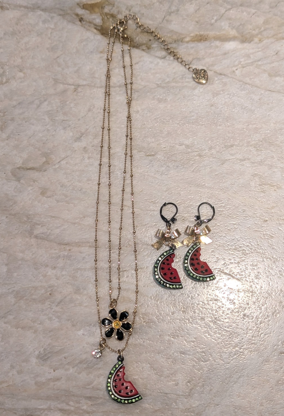 Betsey Johnson Watermelon Flower Necklace & Earrings Set Y2K Crystal Fruit